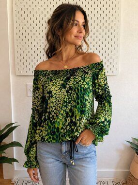 Marciano by GUESS 100% Silk Green Animal Print Off Shoulder Blouse S